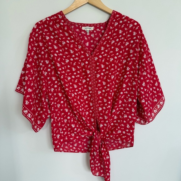 Max Studio Tops - Max Studio Red Floral Tie Waist Angel Sleeve Kimono Style Blouse Size Large